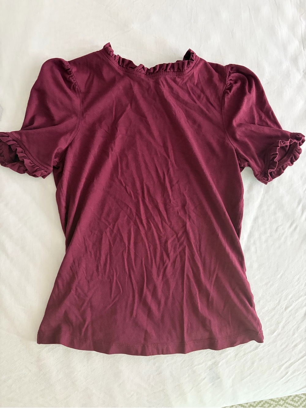Boden Burgundy Garnet Ruffle Neck Short Sleeve Top
